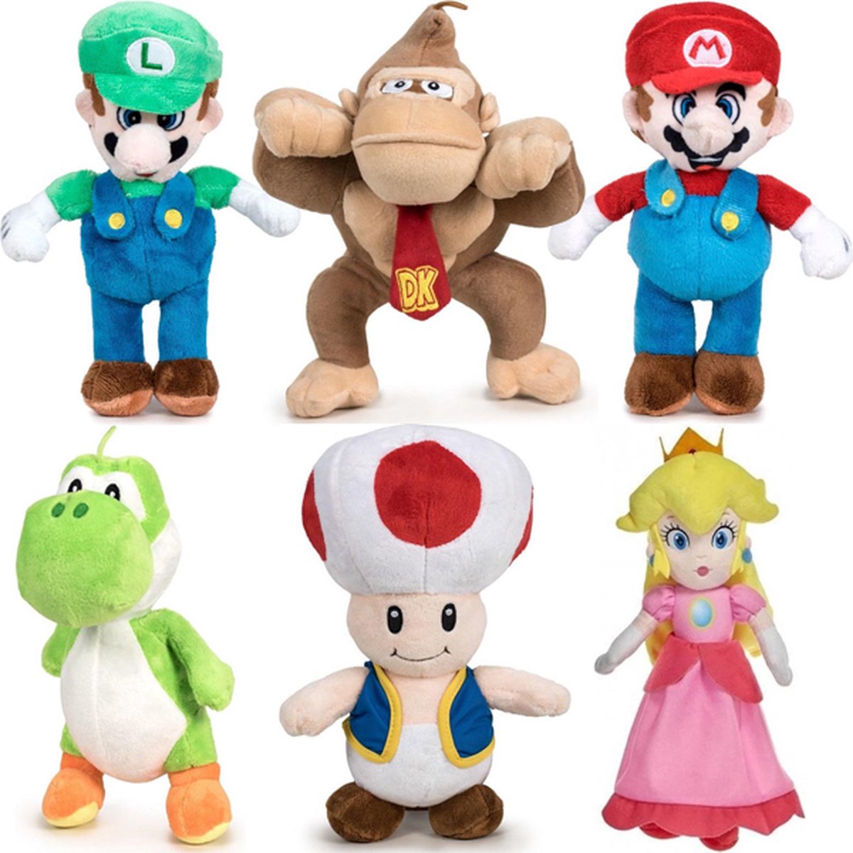 Super Mario Bros Familie Pluche Knuffel Set van 6! (Mario + Luigi + Donkey Kong + Yoshi + Toad + Peach) (20 cm per stuk) | Nintendo Plush Toy | Speelgoed Knuffeldier Knuffelpop voor kinderen jongens meisjes